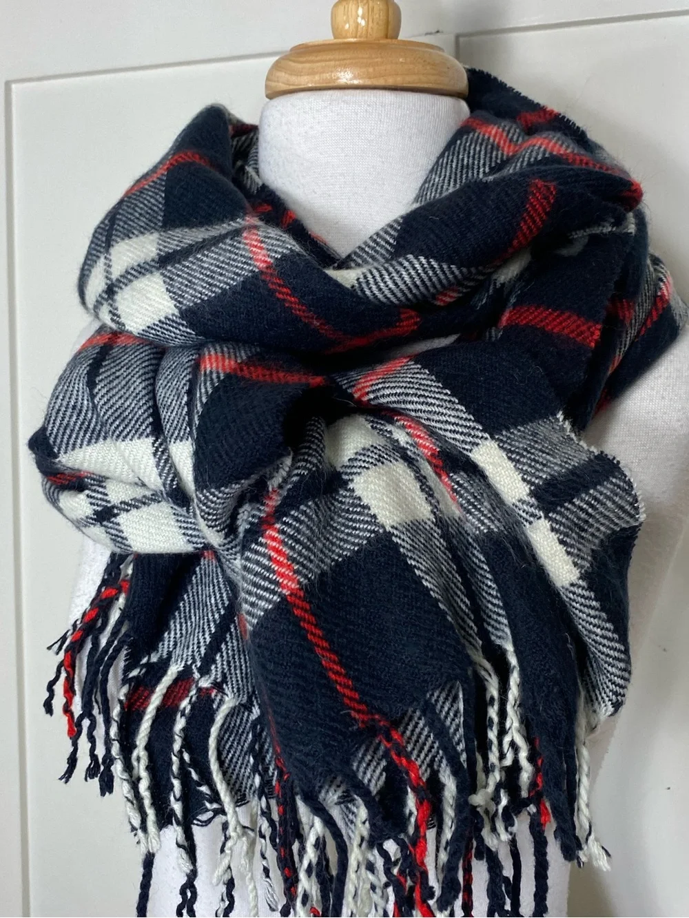 J. Crew Classic Navy & White & Red Plaid Knit Fall Winter Scarf with Fringe